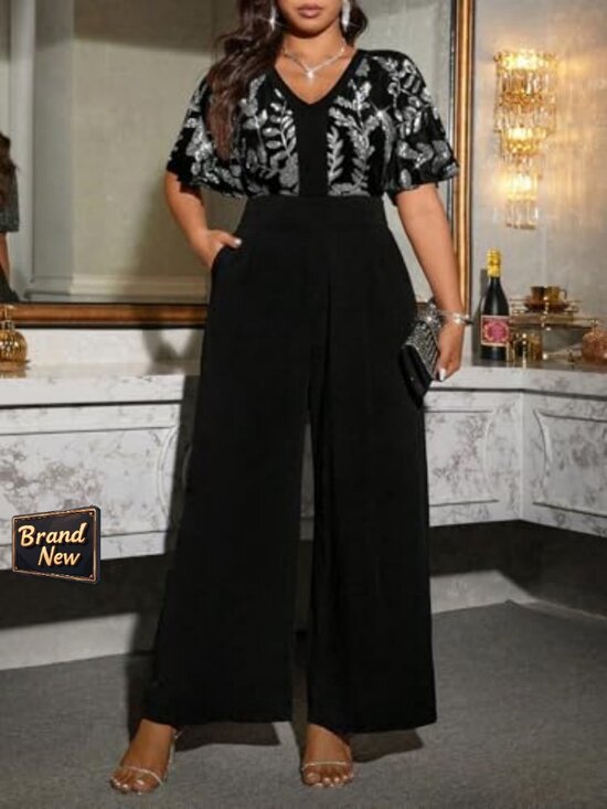 Plus Size Sequin Velvet Jumpsuit with Flutter Sleeves and Pockets - Picture 2 of 5